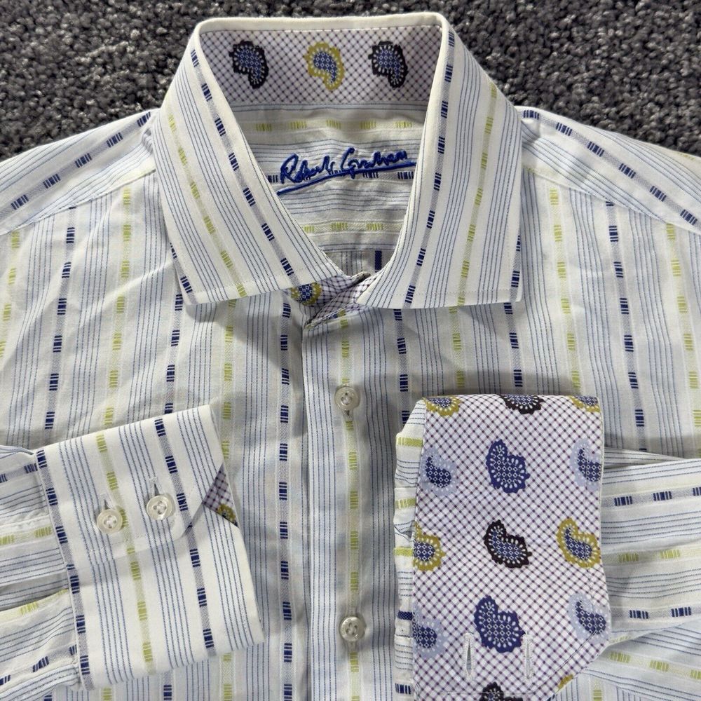Robert Graham Shirt Men's M White Paisley Flip Cuff Button Up 15.5 Neck Vertical